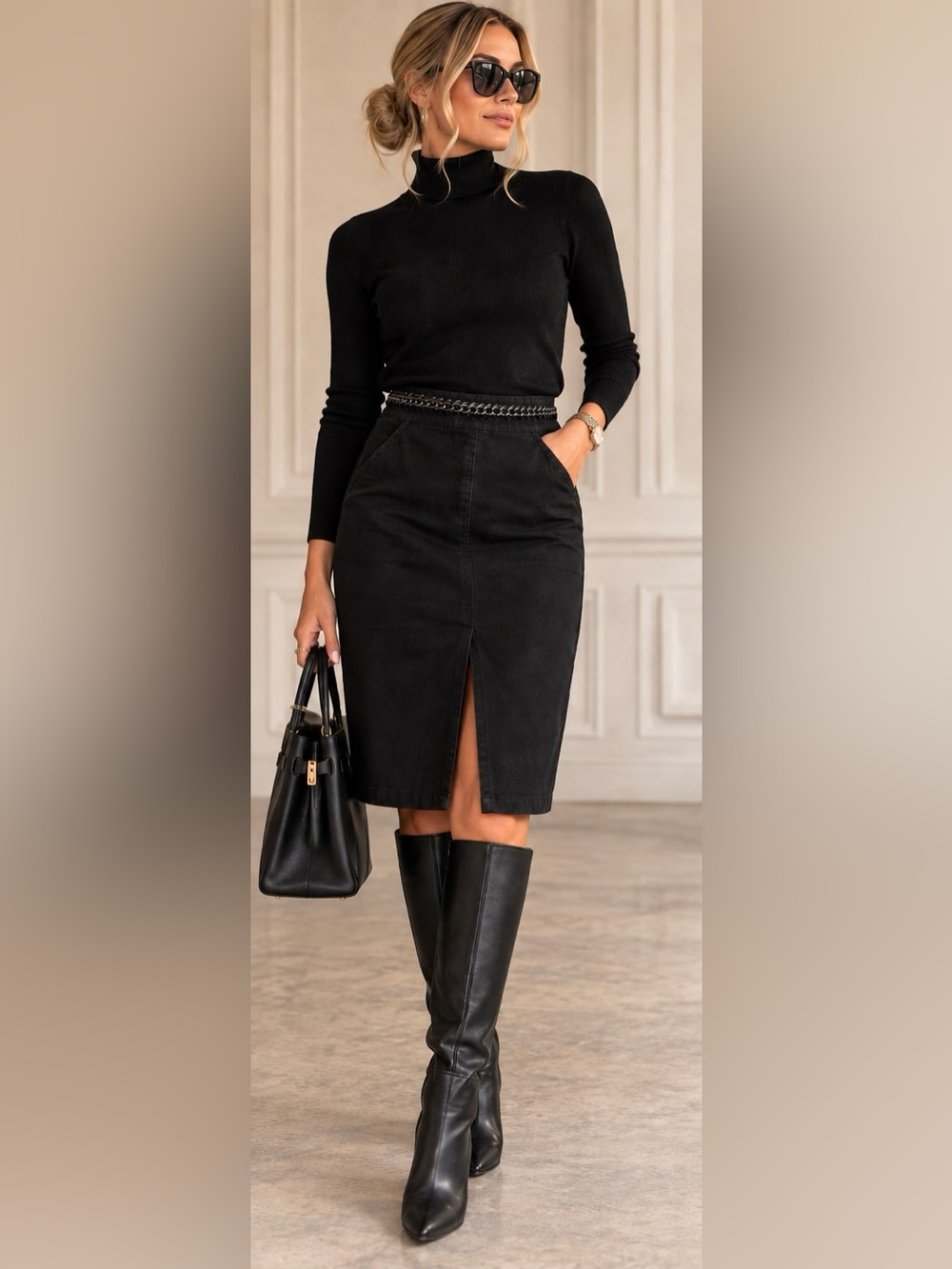 Lafayette 148 Black Denim Chain Waist Pencil Skirt Size 4